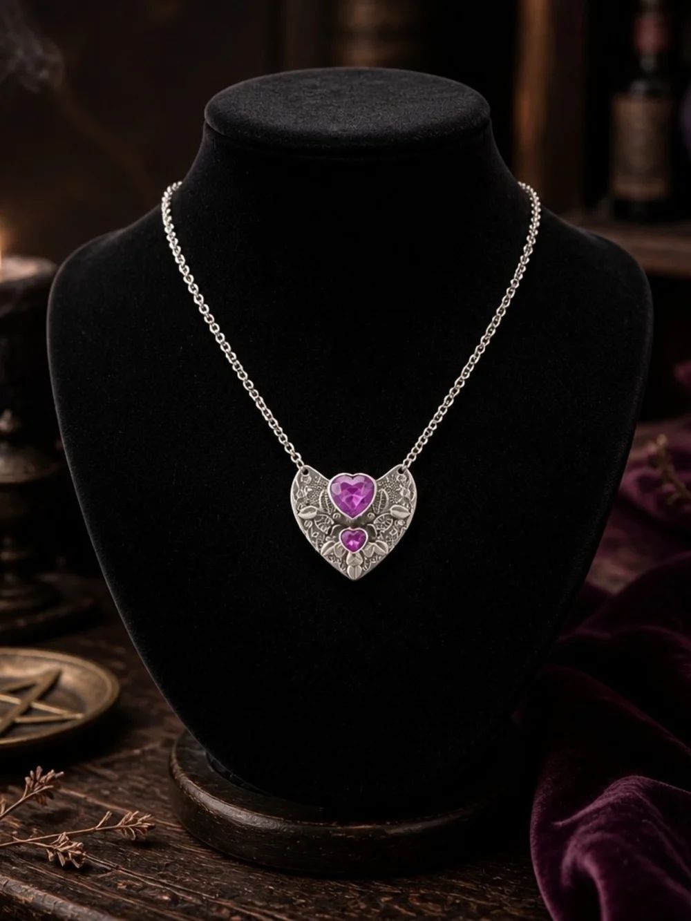 Silver Heart Pendant Necklace with Purple Gemstones
